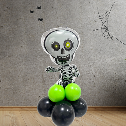 Skeleton Balloon Stack featuring a skull-shaped balloon atop a pile of lime green and black balloons, ideal for Halloween party decor.