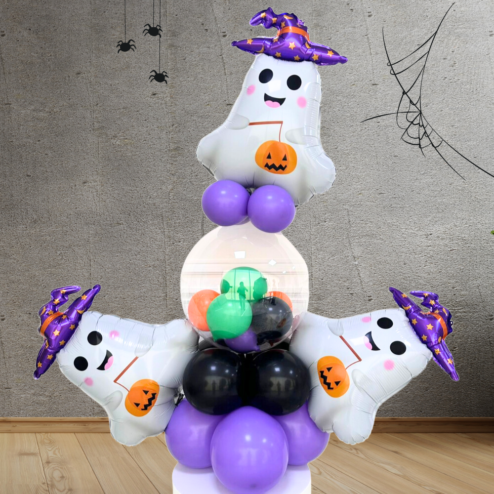 Mini Ghosts Balloon Stack for Halloween parties, featuring stacked balloons with a ghost design, ideal for table or floor display at Party Social events.