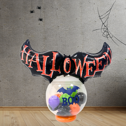 Air Filled Halloween Bubble Balloon Stack featuring a 36-inch printed bubble with a mustache and unique foil balloons, ideal for Halloween celebrations.