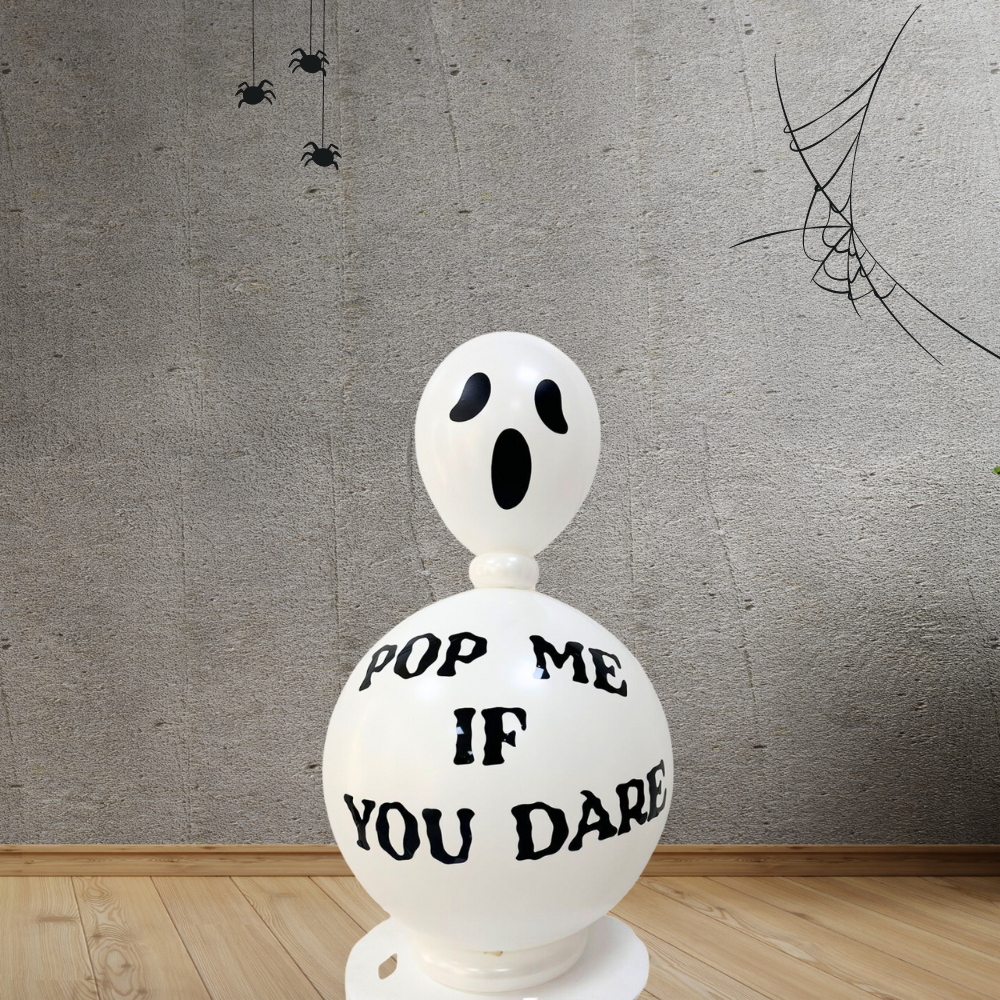 Air Filled Ghost Balloon Stack featuring a white balloon with black text and face, ideal for Halloween parties, perfect for floor or table display.