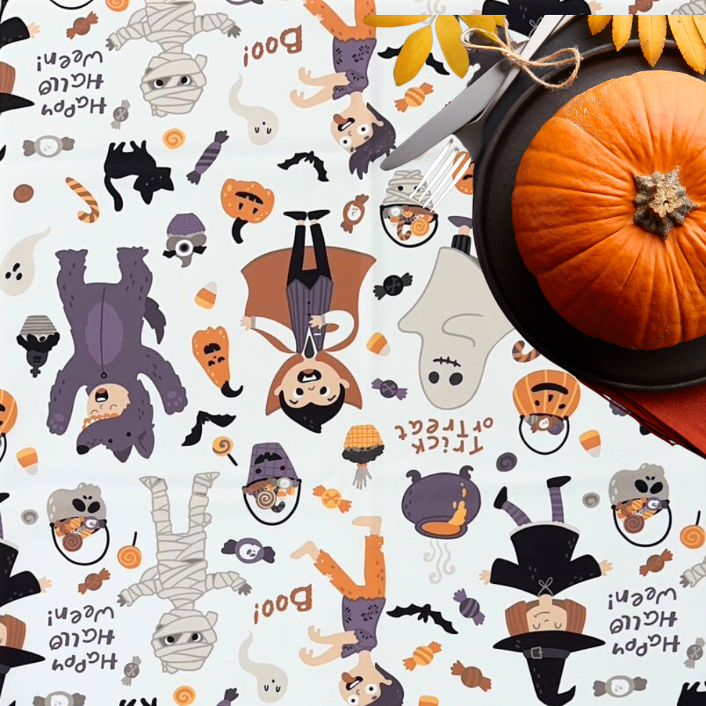 Trick or Treat Polyester Halloween Tablecloth featuring a pumpkin design, ideal for enhancing party table settings.