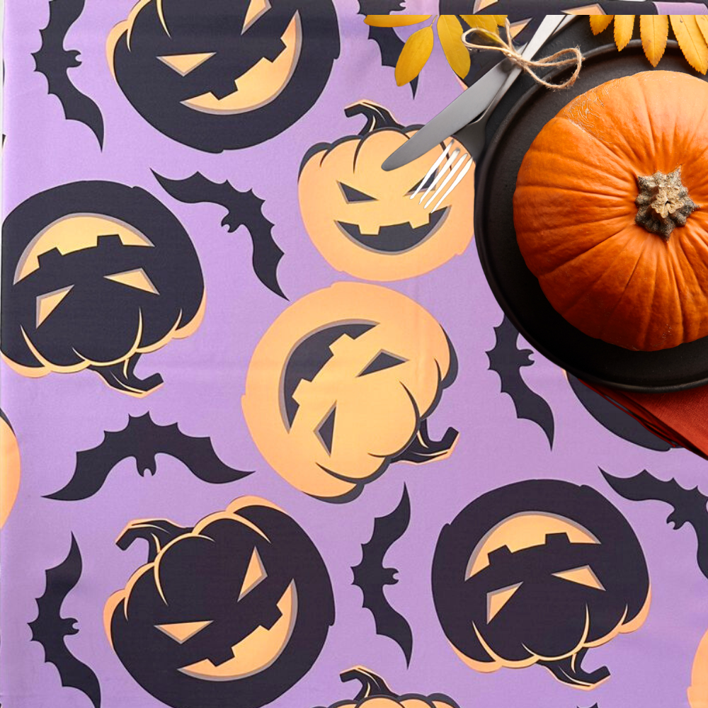 Pumpkin Ghost Bat Polyester Tablecloth on a table, featuring a pumpkin design, ideal for enhancing festive table settings at parties and events.