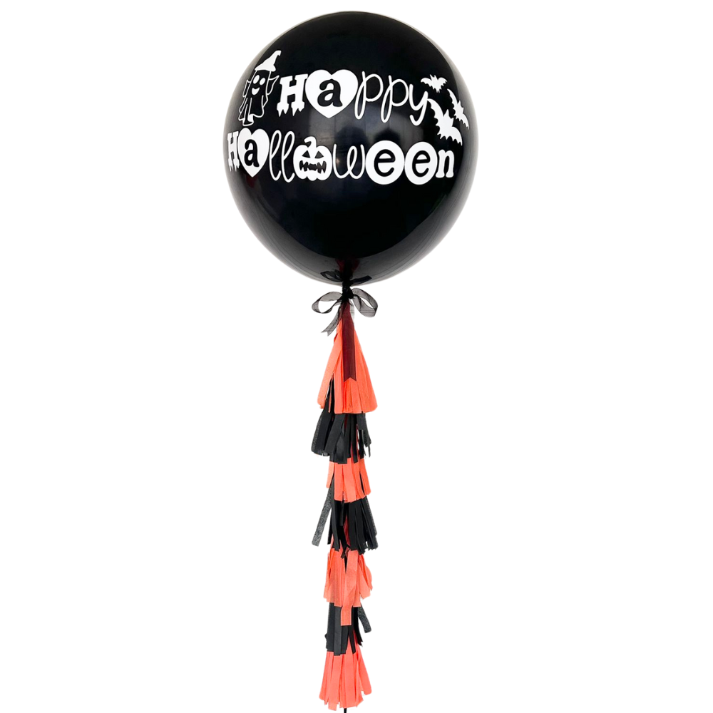 Halloween Helium Giant Balloon featuring white text and a handmade tassel tail, perfect for adding fun and style to your Halloween party.