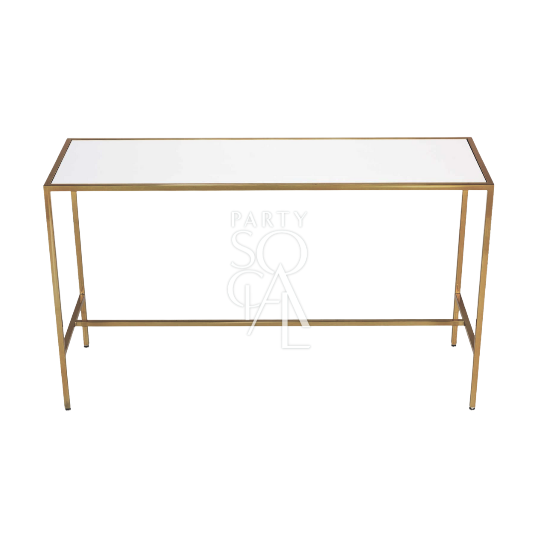 HIGH GLASS RECTANGULAR TABLE W/ GOLD BASE, designed for elegant corporate events and home functions, complements Party Social&