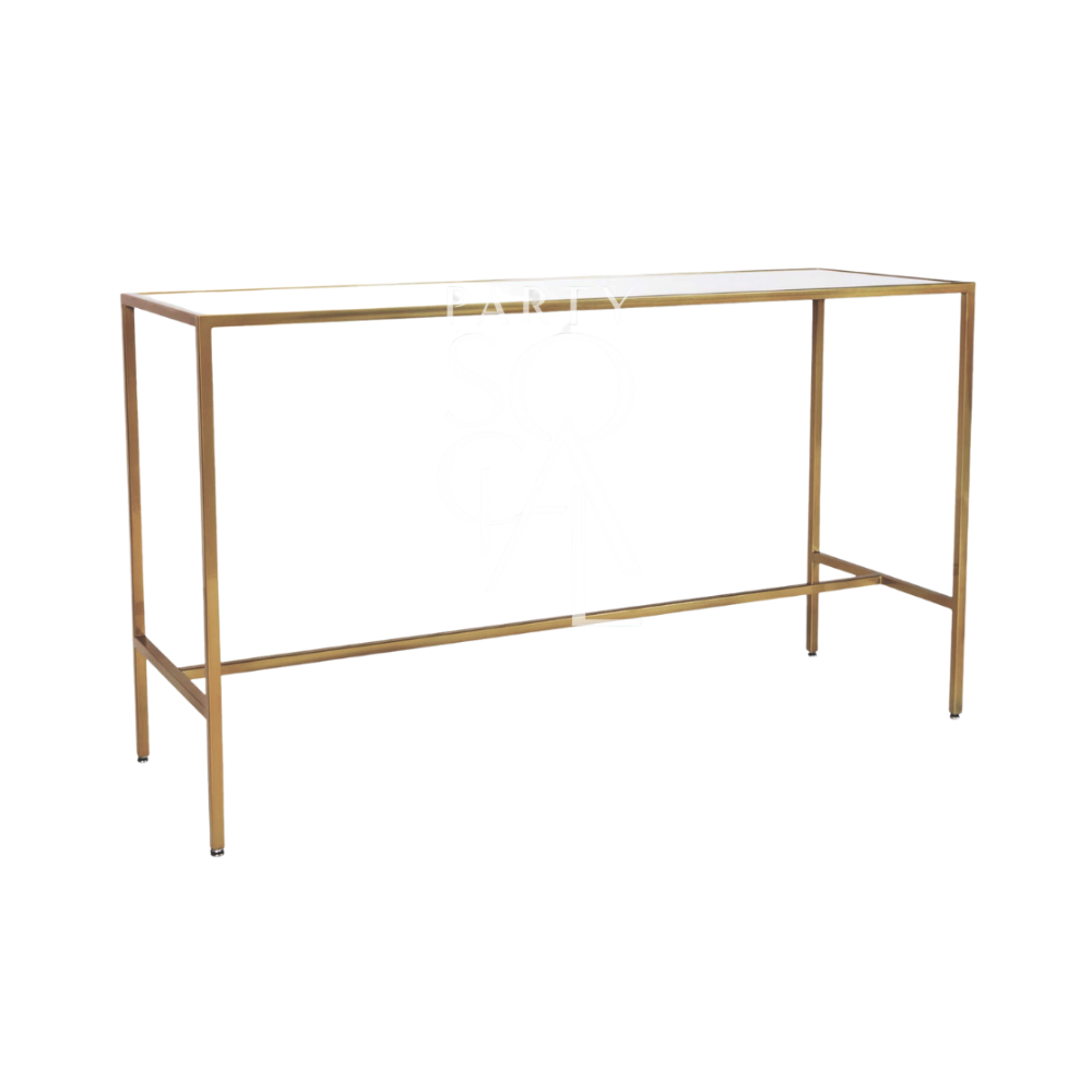 HIGH GLASS RECTANGULAR TABLE W/ GOLD BASE, perfect for events, featuring a sleek glass top and elegant gold frame, ideal for complementing bar stools at parties or functions.