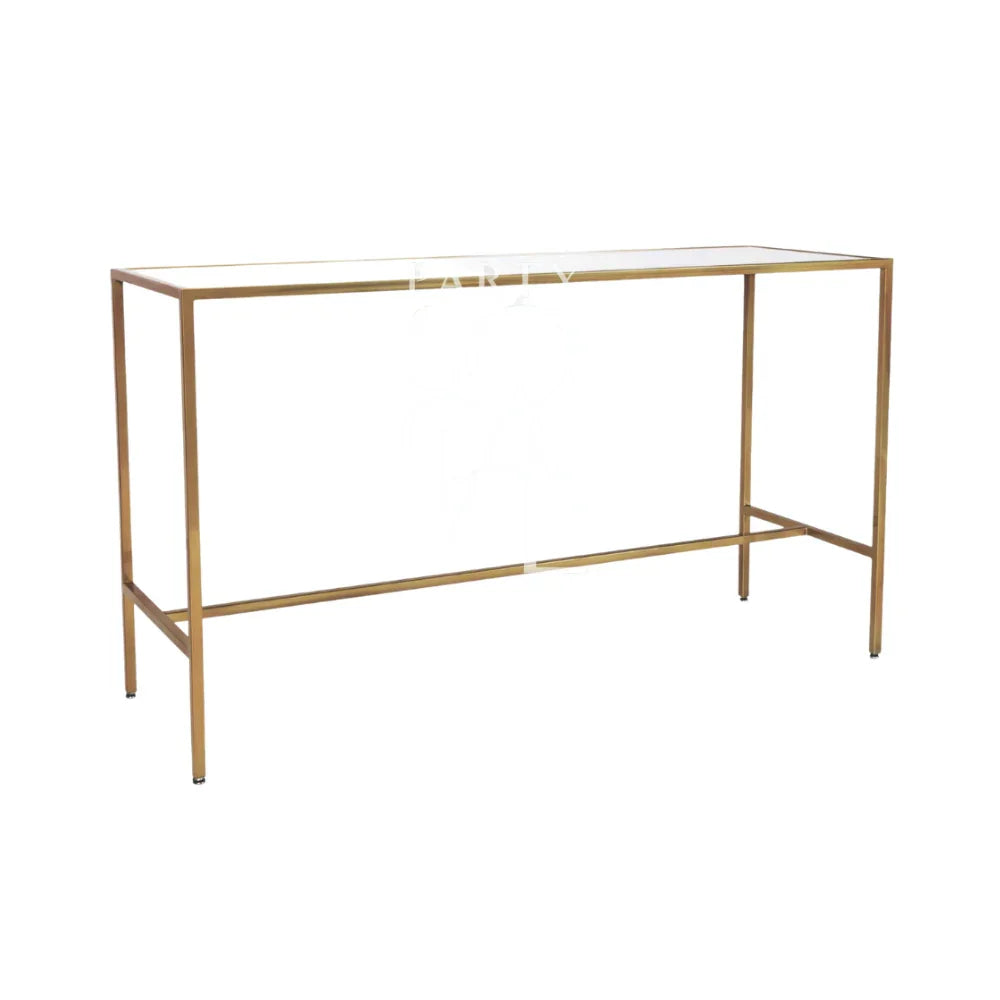 HIGH GLASS RECTANGULAR TABLE W/ GOLD BASE, perfect for events, featuring a sleek glass top and elegant gold frame, ideal for complementing bar stools at parties or functions.