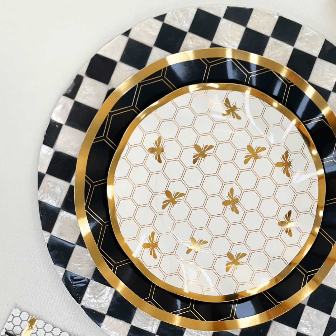 HoneyBee Paper Salad &amp; Dessert Plate- 8 per package, featuring ruffled edges, gold rim, and elegant honeybee design, perfect for enhancing any event&