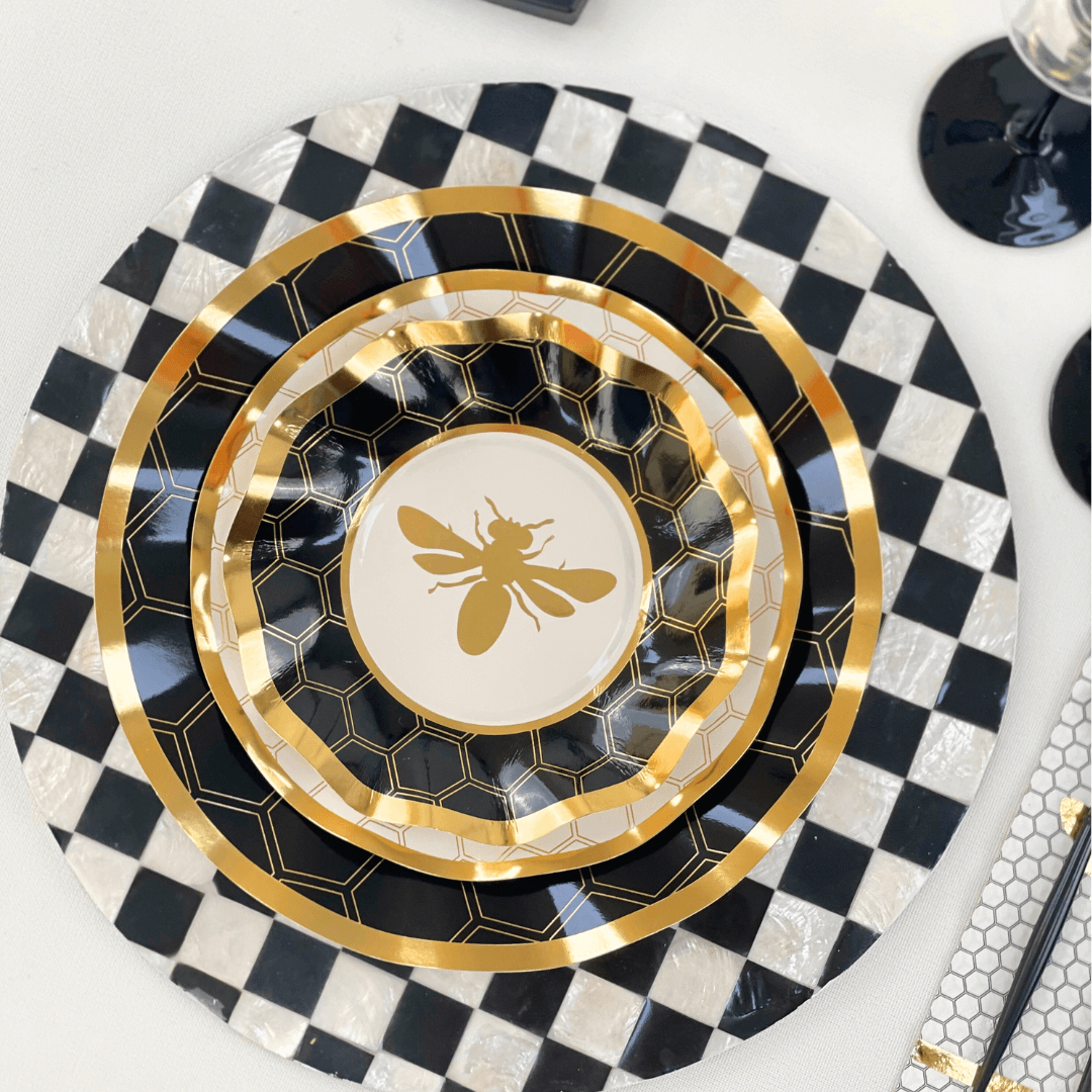 HoneyBee Paper Dinner Plate with ruffled edges, black and white design, and metallic gold rim. Set of 8 plates for elegant events.