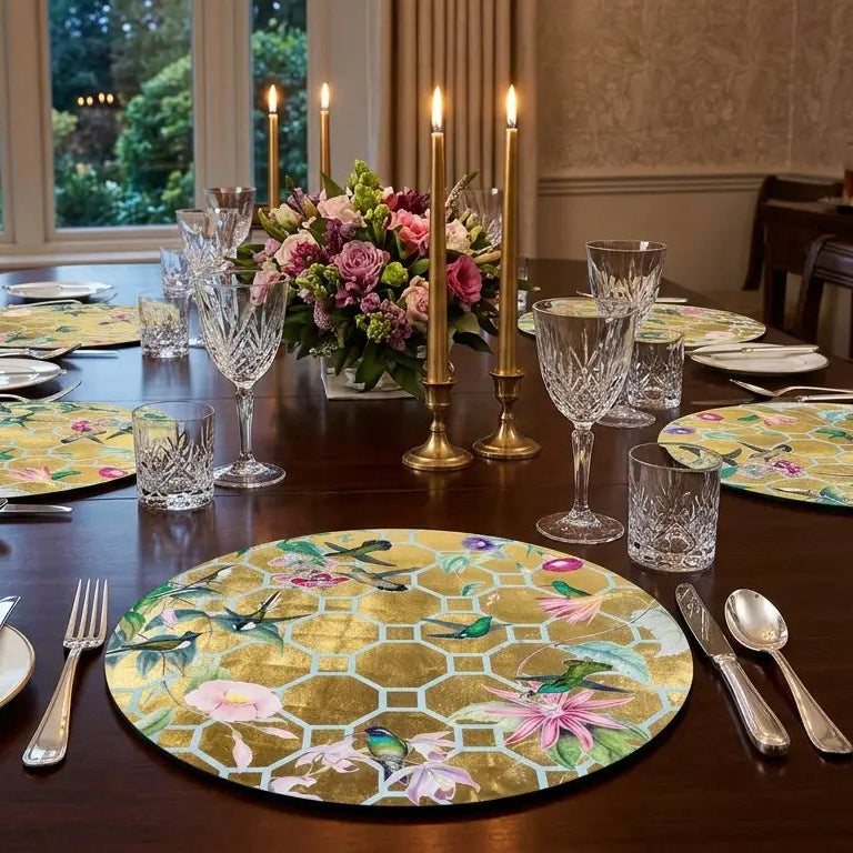 Hummingbird Trellis Round Lacquer Placemat in Gold - 1 Each