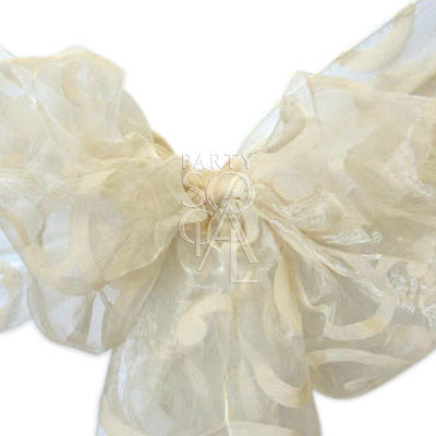 Chair sash sheer organza, white bow with swirl design, ideal for elegantly dressing up chairs at events and celebrations.