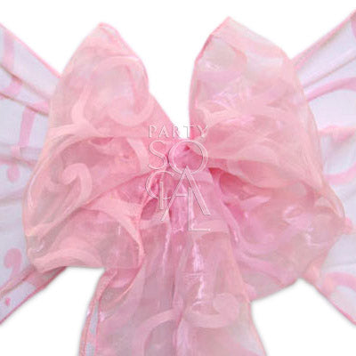 CHAIR SASH SHEER ORGANZA shown tied in a pink bow with elegant swirls, suitable for enhancing event decor.