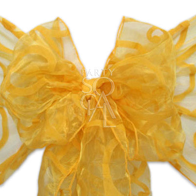 CHAIR SASH SHEER ORGANZA with yellow swirl design, perfect for dressing up chairs at events.