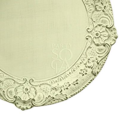 Florentine Antique Wood Charger Plate with a handcrafted floral design, perfect for luxurious table settings at special events. Diameter: 33cm.