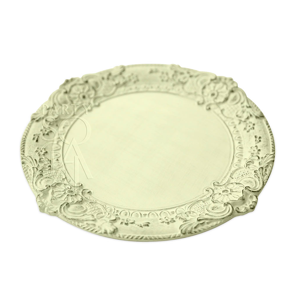 Charger Plate - Florentine Antique Wood: Oval wooden plate with intricate carving, ideal for luxurious table settings, handcrafted in traditional Italian style, 33cm diameter.