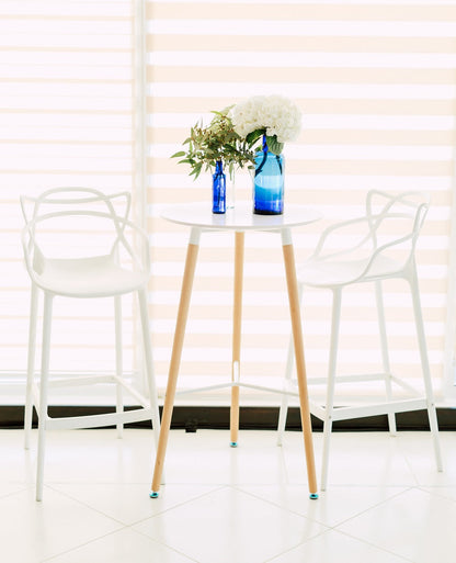 EAMES REPLICA COCKTAIL TABLE with white chairs and blue vases, ideal for corporate events and home functions, available at Party Social.