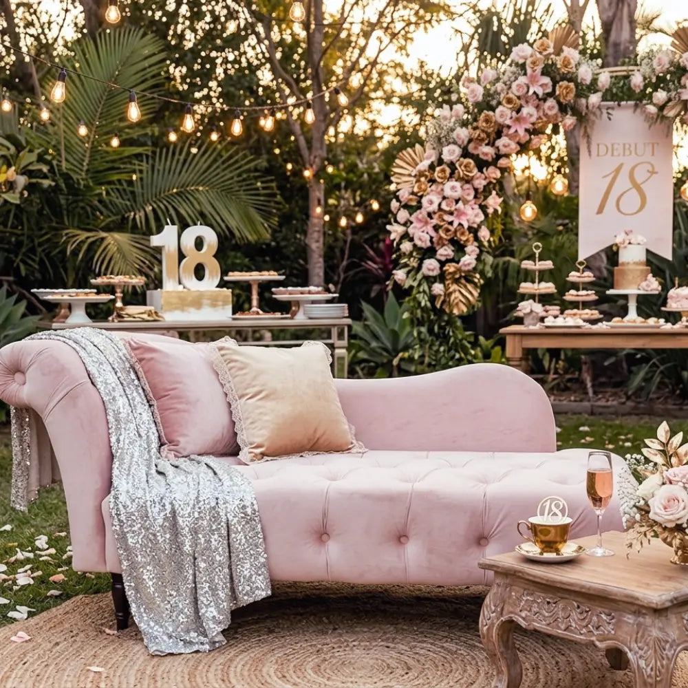 KOSHA BLUSH PINK VELVET SOFA elegantly set for an outdoor debut party, adorned with a silver throw and gold cushion, enhancing the sophisticated garden-party ambiance.