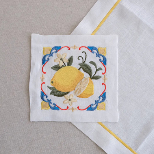 Majolica Lemon Pure Linen Coaster- 4 per pack