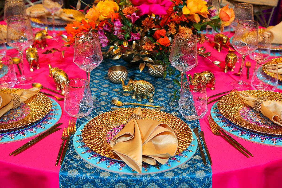 ARABESQUE WOOD PLACEMAT on an elegantly set table with plates and glasses, enhancing the table&