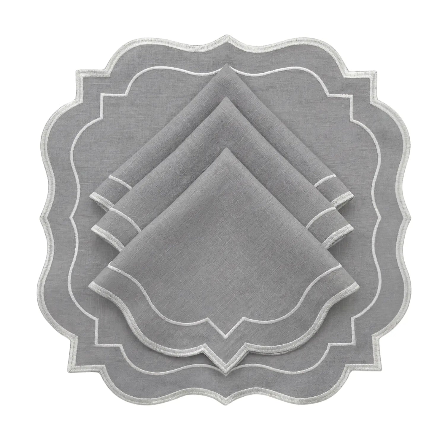 Light Grey Scalloped Linen Napkins - Set of 4, featuring elegant scalloped edges with white embroidery, layered for a refined table setting. Perfect for events and modern dining.