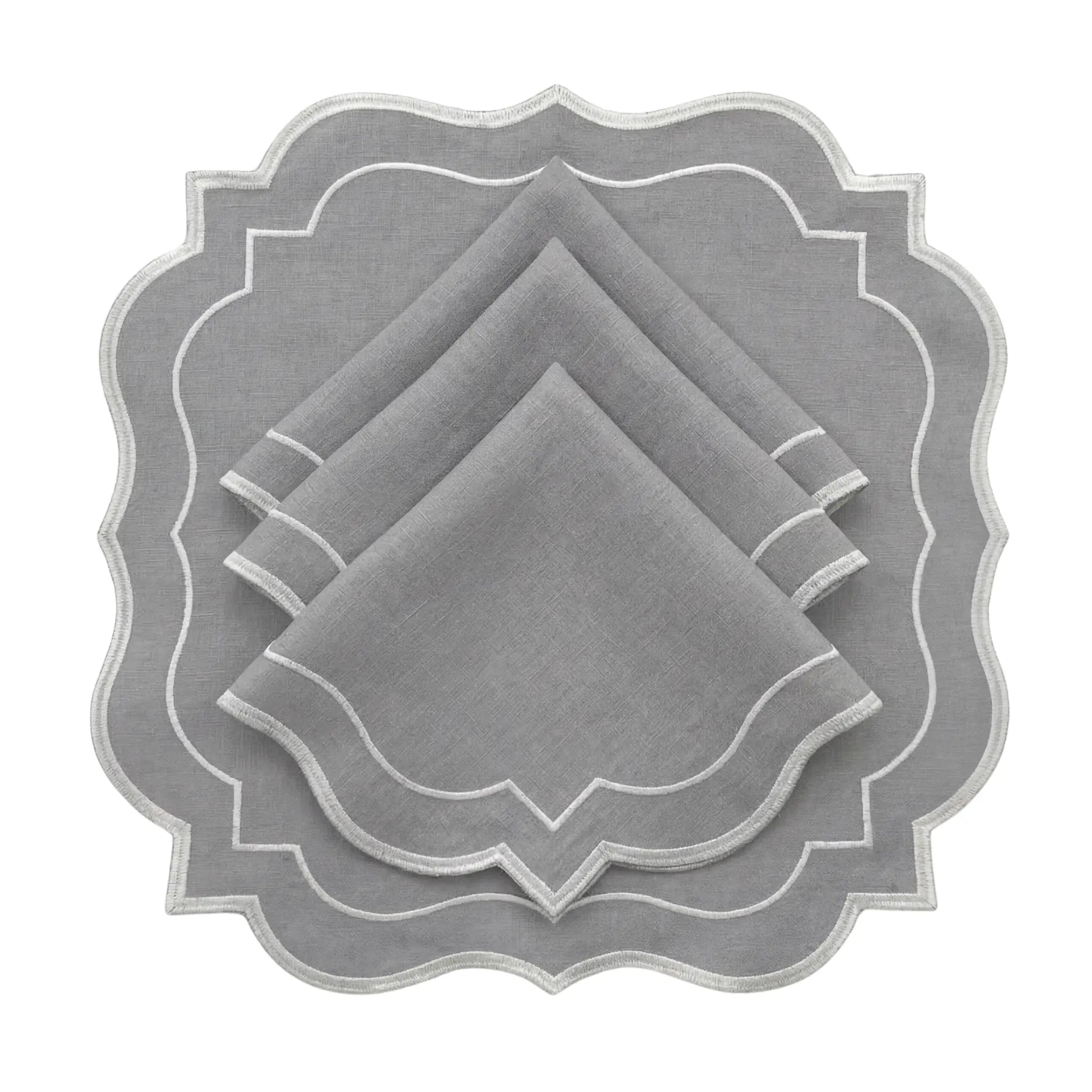 Light Grey Scalloped Linen Napkins - Set of 4, featuring elegant scalloped edges with white embroidery, layered for a refined table setting. Perfect for events and modern dining.