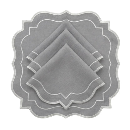 Light Grey Scalloped Linen Napkins - Set of 4, featuring elegant scalloped edges with white embroidery, layered for a refined table setting. Perfect for events and modern dining.