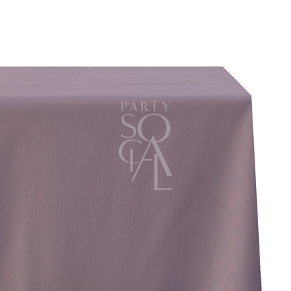 Rectangular cotton linen tablecloth with a subtle logo, ideal for enhancing party and event settings with elegance.