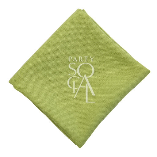 NAPKIN COTTON LINEN featuring white text, ideal for events. Made from premium cotton linen, suitable for weddings or parties, and customizable with stitched logos.