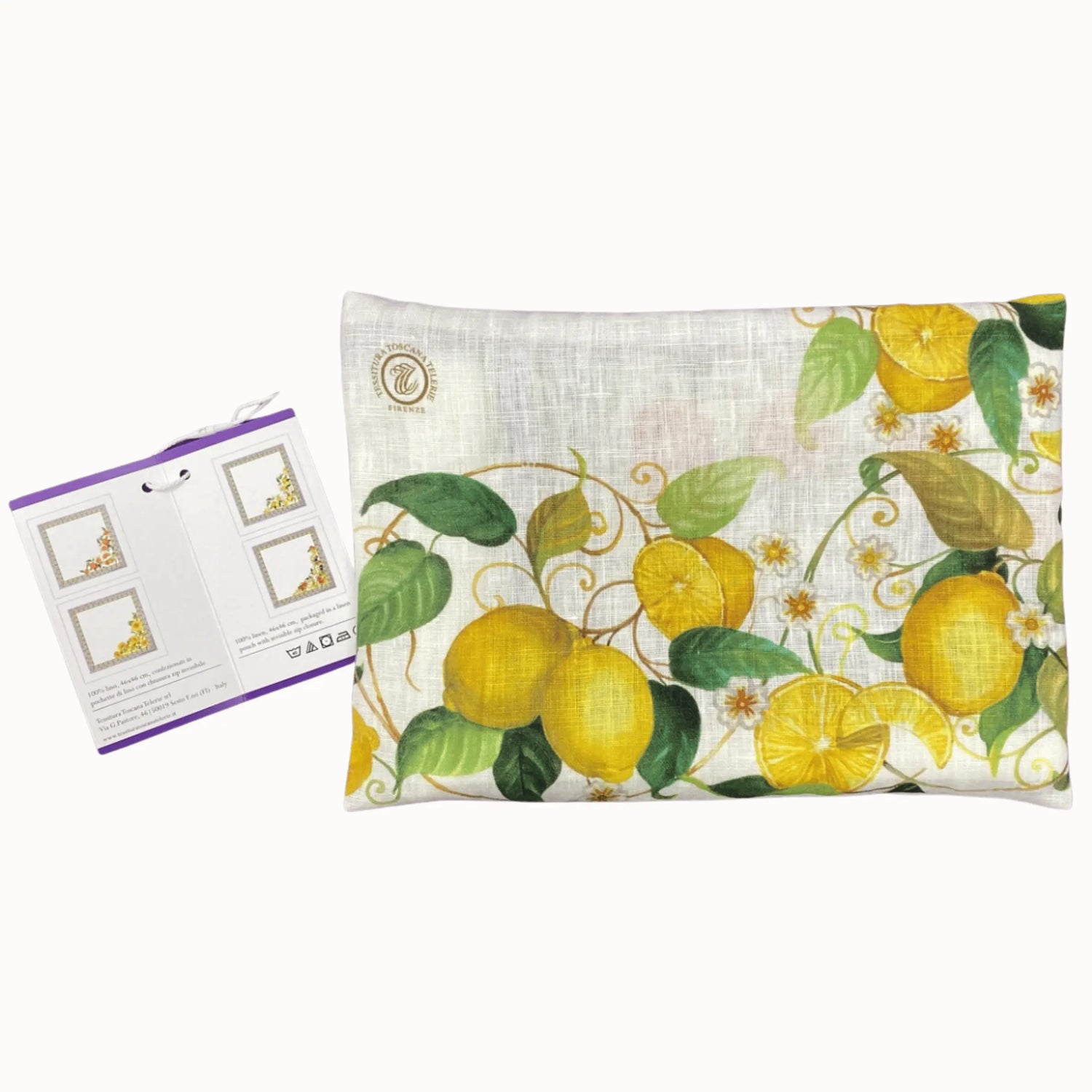 Pillow with lemon design and packaging on a white background