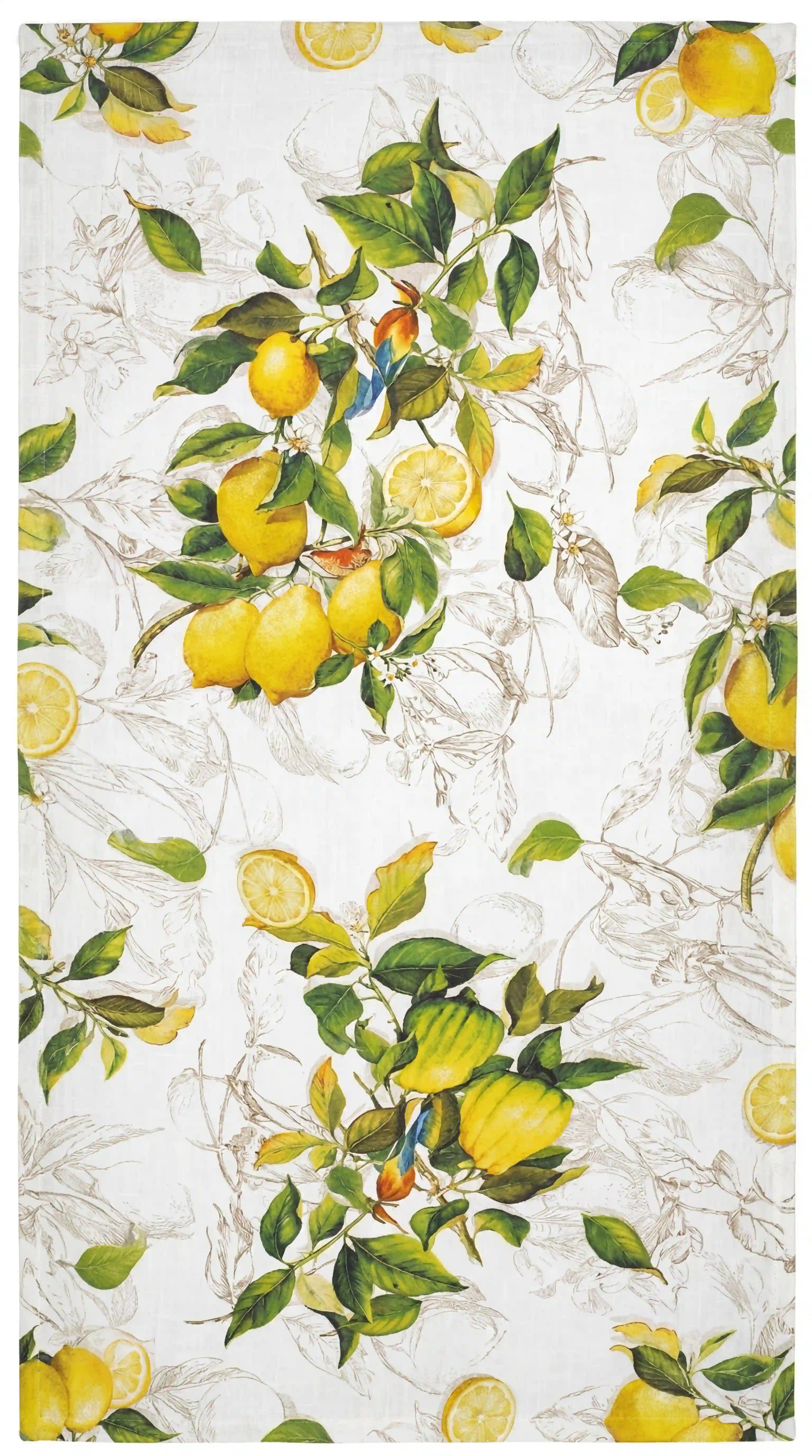 Limoncello Citrus Pure Linen Tablecloth features a vibrant botanical lemon print on premium linen, perfect for adding elegance to any party or dining setting.