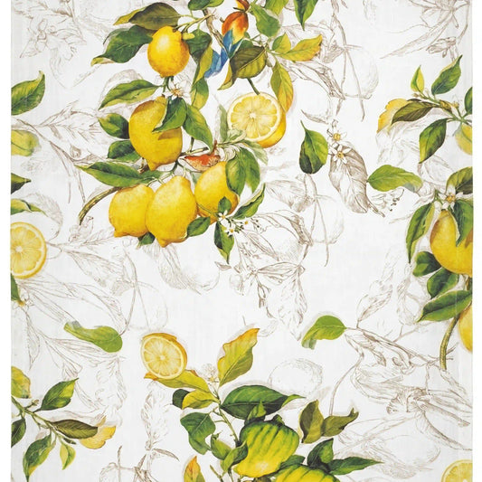 Limoncello Citrus Pure Linen Tablecloth features a vibrant botanical lemon print on premium linen, perfect for adding elegance to any party or dining setting.
