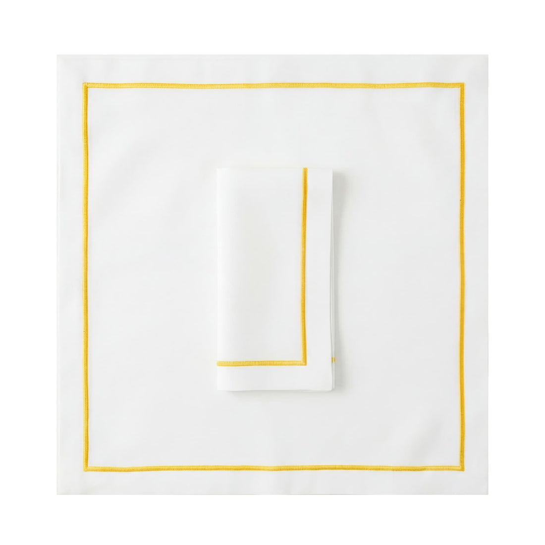 Green Lined Pure Linen Dinner Napkin - Set of 2, featuring crisp white linen with vibrant yellow-gold border, perfect for elegant dining and events.