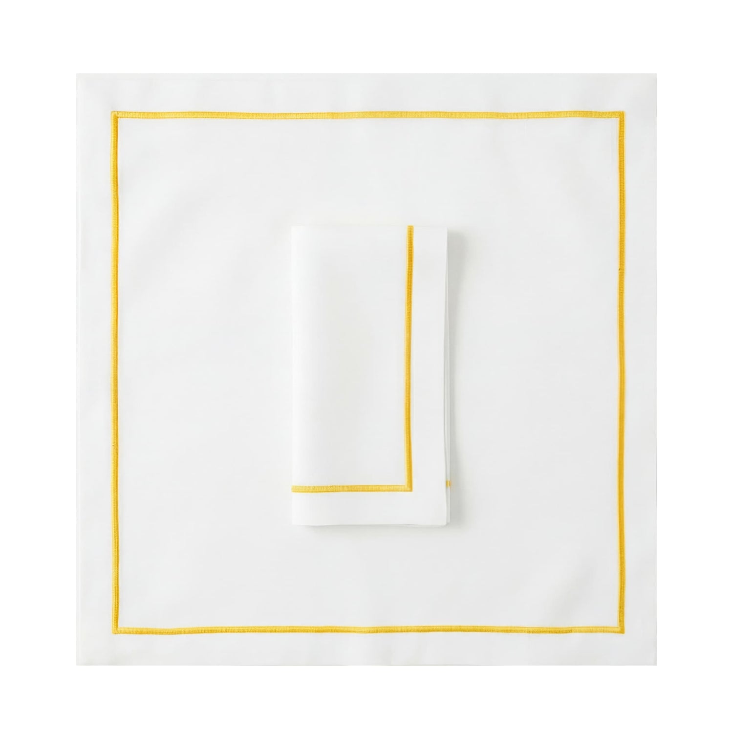 Green Lined Pure Linen Dinner Napkin - Set of 2, featuring crisp white linen with vibrant yellow-gold border, perfect for elegant dining and events.