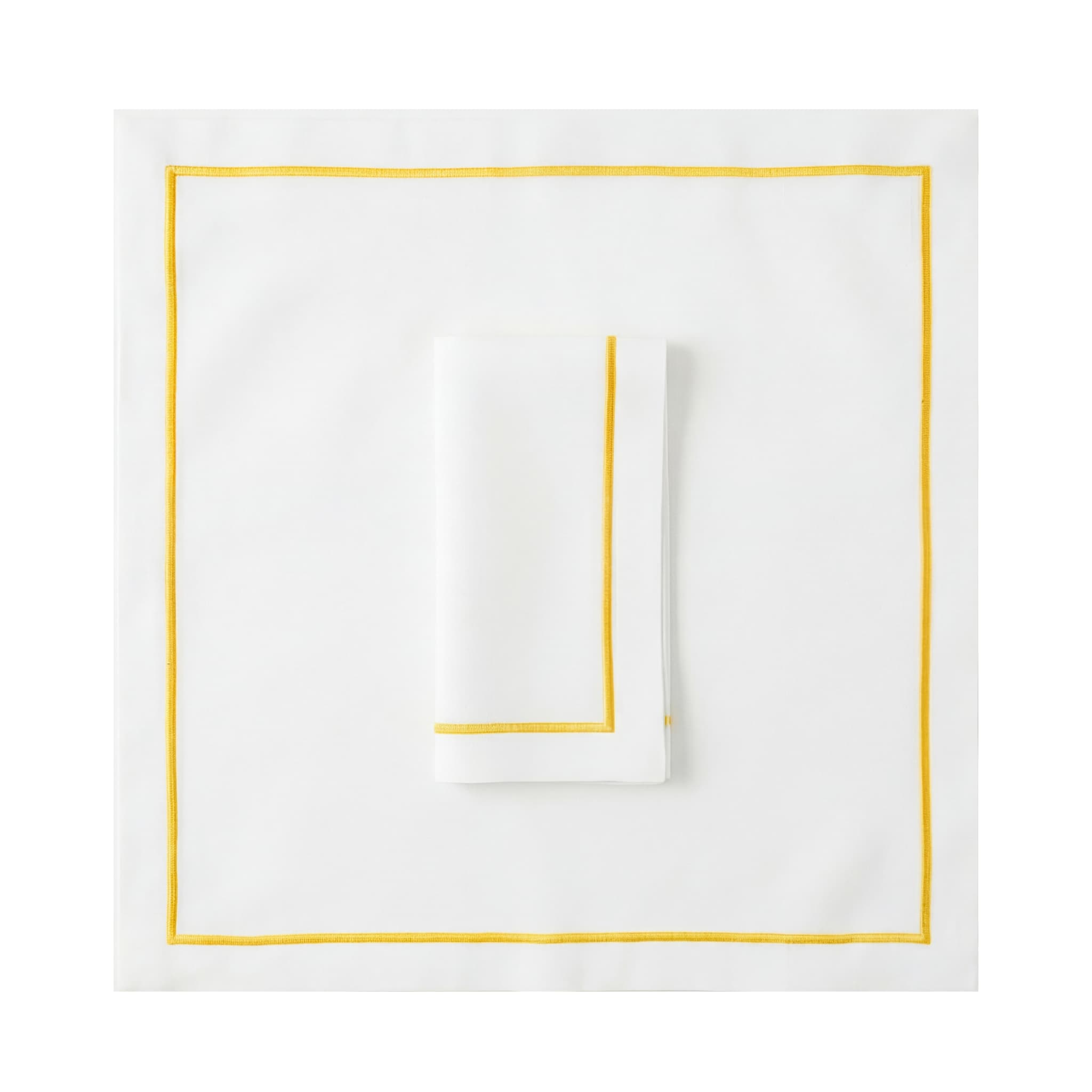 Green Lined Pure Linen Dinner Napkin - Set of 2, featuring crisp white linen with vibrant yellow-gold border, perfect for elegant dining and events.