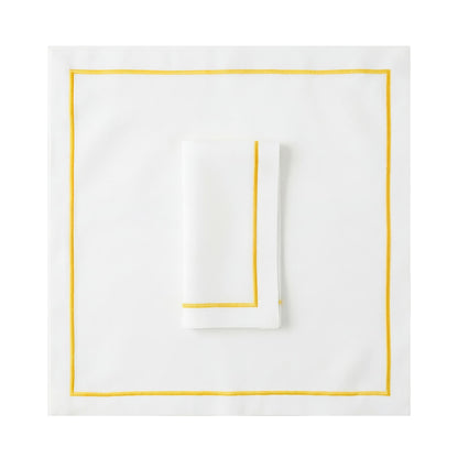 Green Lined Pure Linen Dinner Napkin - Set of 2, featuring crisp white linen with vibrant yellow-gold border, perfect for elegant dining and events.