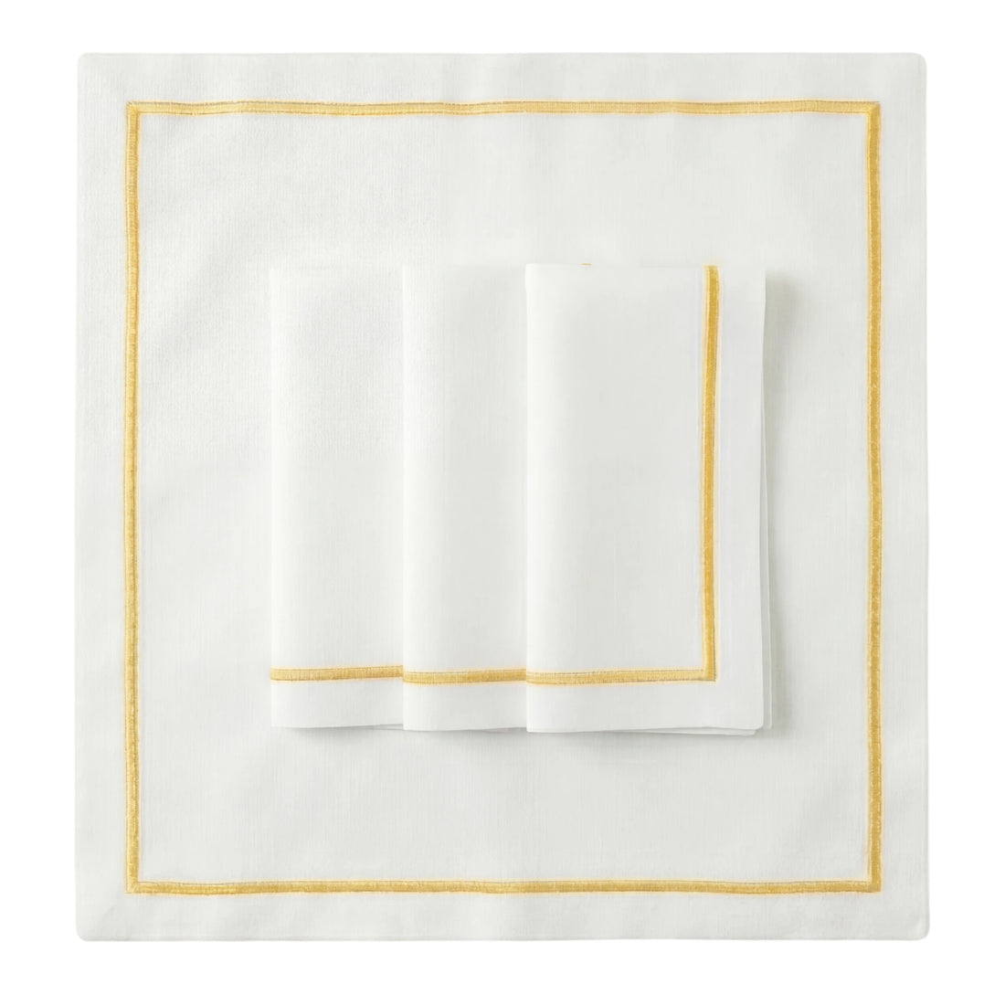 Yellow Lined Pure Linen Dinner Napkin - Set of 4, featuring white linen with elegant gold-tone borders, ideal for enhancing sophisticated table settings at any event.