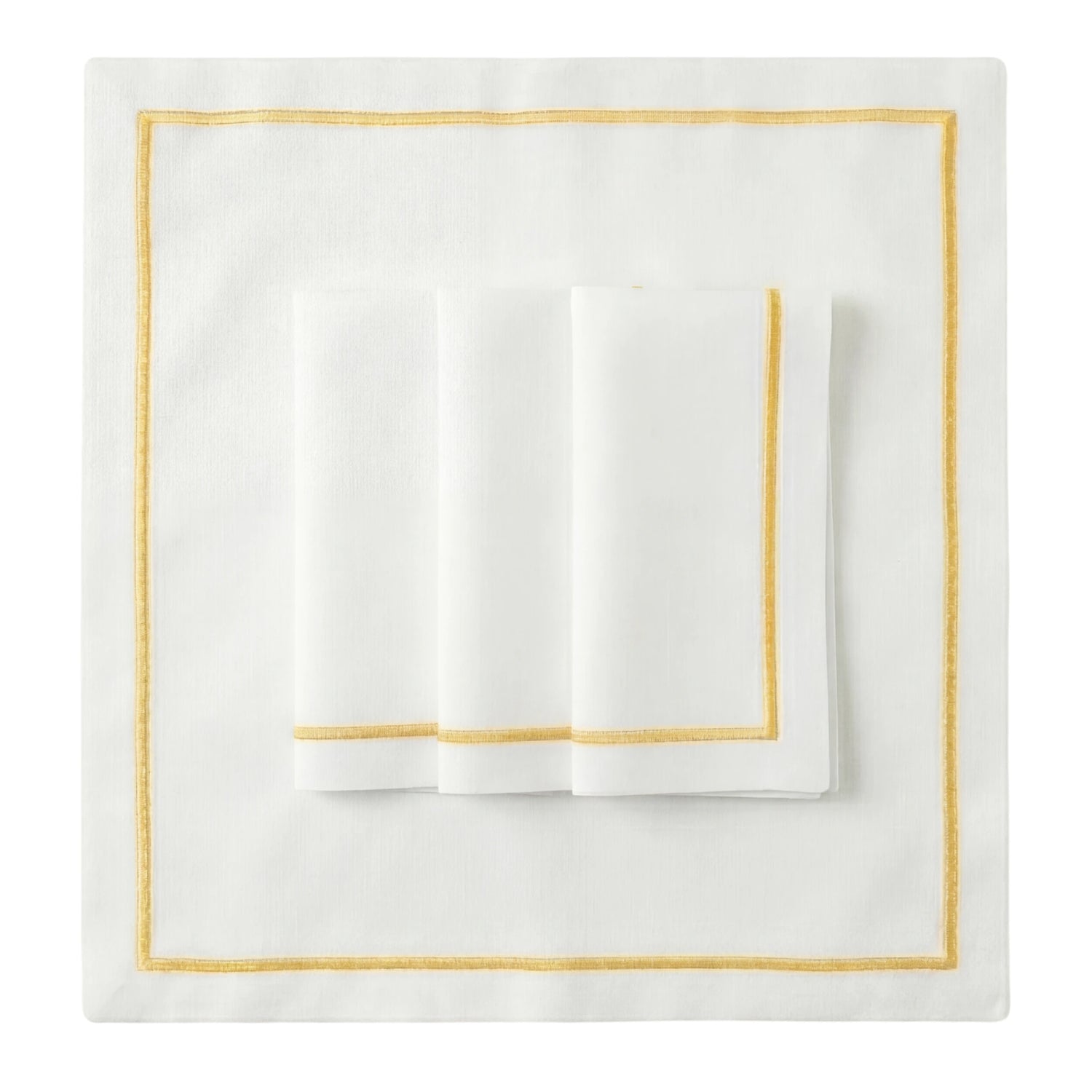 Yellow Lined Pure Linen Dinner Napkin - Set of 4, featuring white linen with elegant gold-tone borders, ideal for enhancing sophisticated table settings at any event.