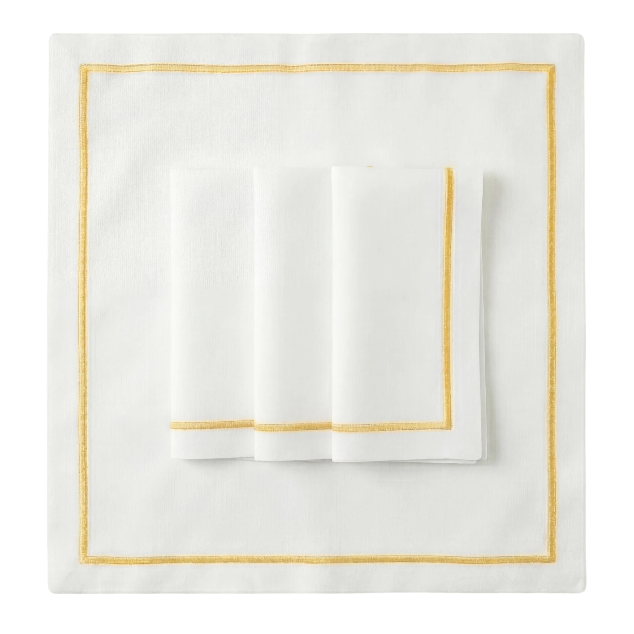 Yellow Lined Pure Linen Dinner Napkin - Set of 4, featuring white linen with elegant gold-tone borders, ideal for enhancing sophisticated table settings at any event.