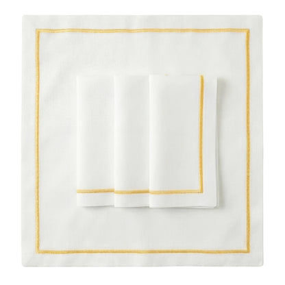 Yellow Lined Pure Linen Dinner Napkin - Set of 4, featuring white linen with elegant gold-tone borders, ideal for enhancing sophisticated table settings at any event.