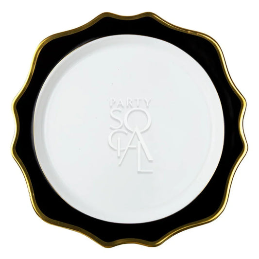 Black Lotus Collection charger plate with scalloped edges, black rim, and gold trim, embossed with PARTY SOCIAL for an elegant table setting.