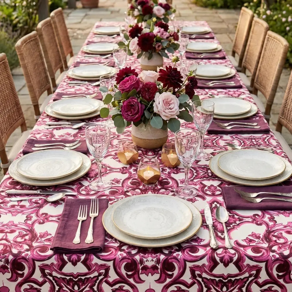 Majolica Rectangular Tablecloth elegantly drapes an outdoor dining table set for a formal garden party, featuring decorative place settings and lush floral centerpieces.