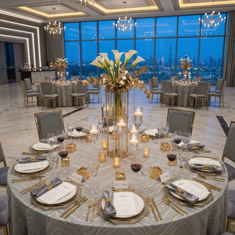 MARBLE DRIP PATTERN ROUND TABLECLOTH elegantly covers a banquet table, showcasing a luxurious dining setup with gold accents, perfect for upscale events.