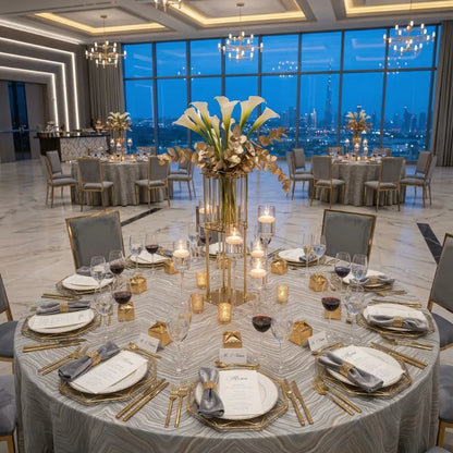 MARBLE DRIP PATTERN ROUND TABLECLOTH elegantly covers a banquet table, showcasing a luxurious dining setup with gold accents, perfect for upscale events.