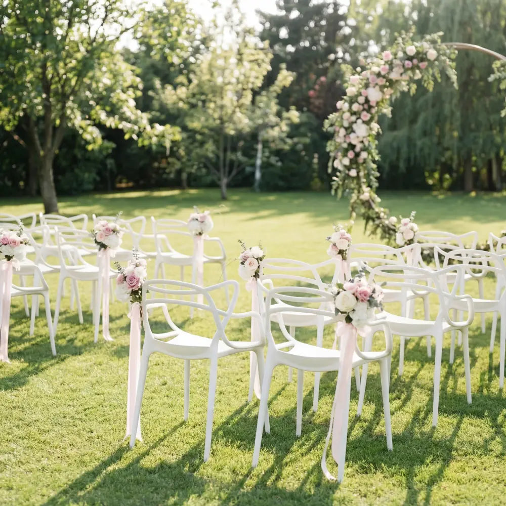 MASTERS CHAIR WHITE REPLICA arranged in rows for an elegant outdoor wedding ceremony, featuring sleek design perfect for upscale events.