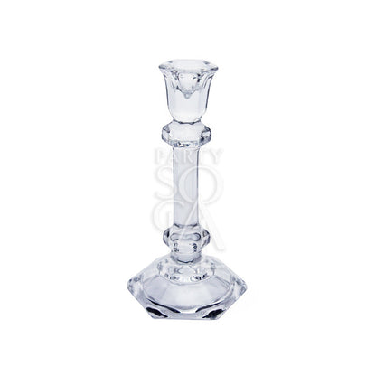 TAPERED GLASS CANDLESTICKS SET OF 3, clear glass holders ideal for elegant events, available in small, medium, and large sizes, perfect for complementing crystal or metallic decor.