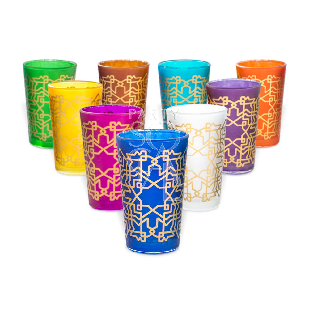 TEA COLORED GLASSES: A variety of stylish, colorful tea glasses perfect for enhancing party settings, measuring 8.7cm in height and 5.3cm in diameter.