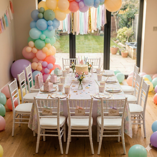 Mini Chiavari Chair White: Elegant, spindle-back children's seating around a pastel-themed birthday table with cake, confetti, and balloons for a refined party ambiance.