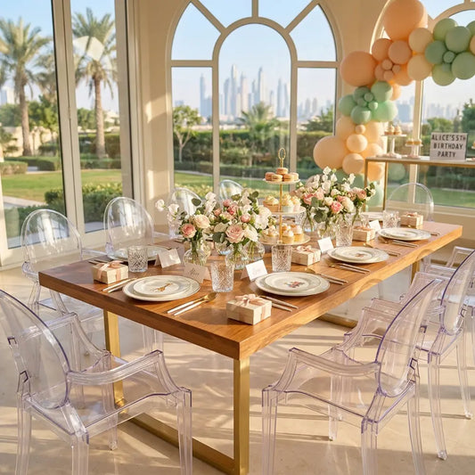 MINI GHOST CHAIR WITH ARMS (LOUIS) elegantly surrounds a children's birthday table, enhancing the modern party setup with its transparent design.