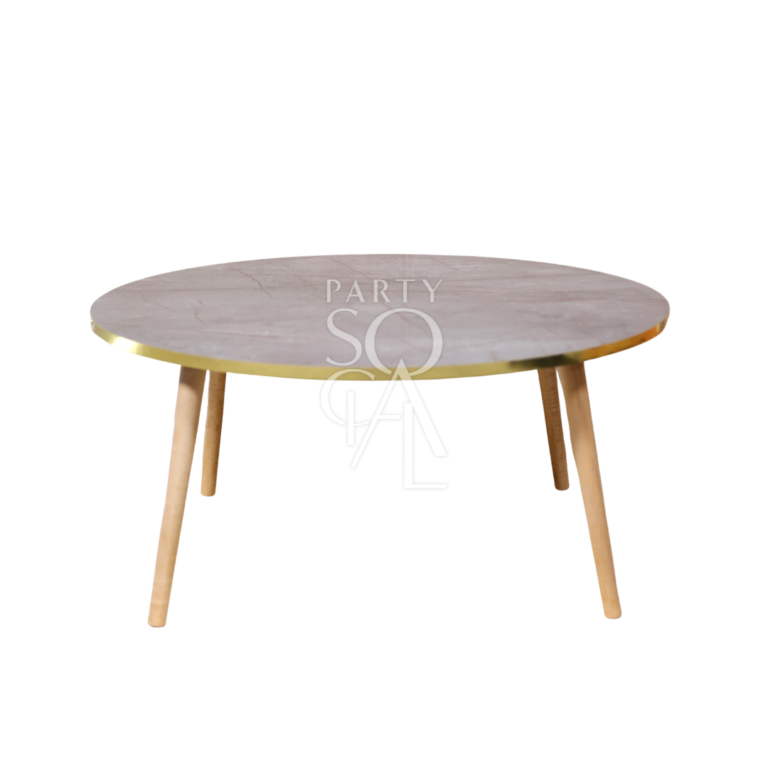 GREY GOLD RIMMED COFFEE TABLE with elegant legs, ideal for corporate events and home functions, aligning with Party Social&