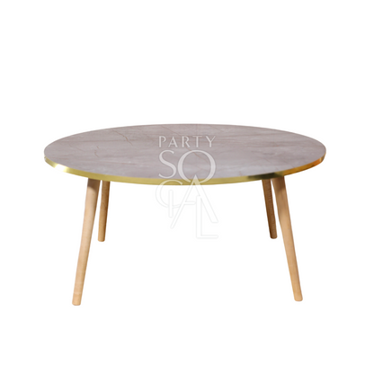 GREY GOLD RIMMED COFFEE TABLE with elegant legs, ideal for corporate events and home functions, aligning with Party Social&