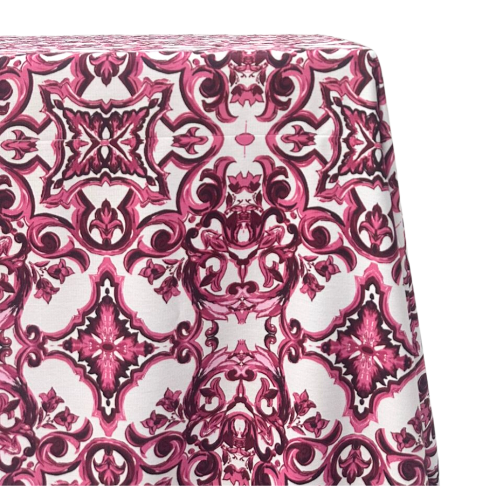 Majolica Rectangular Tablecloth featuring a pink and white floral pattern, ideal for enhancing dining setups with a premium look.